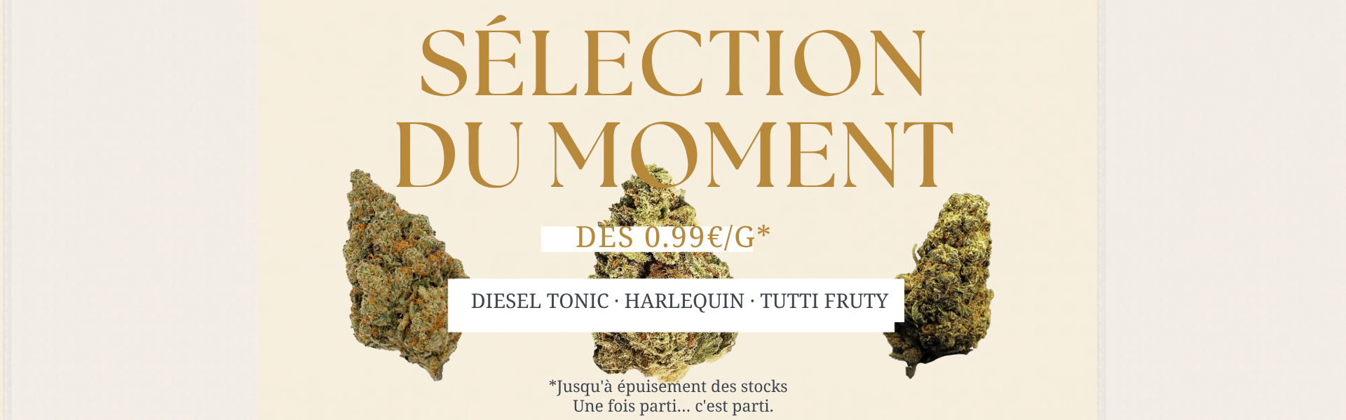 Bannière The Hemp Corner — Sélection du Moment, fleurs CBD Diesel Tonic, Harlequin et Tutti Fruty dès 0.99€/g, jusqu'à épuisement des stocks
